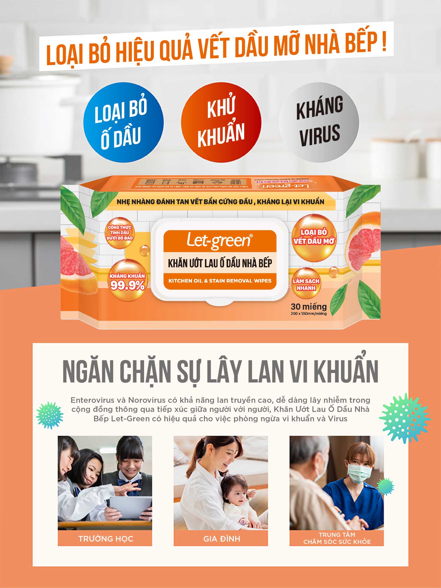 Khăn ướt lau ố dầu nhà bếp Let-green, đánh tan vết dầu mỡ