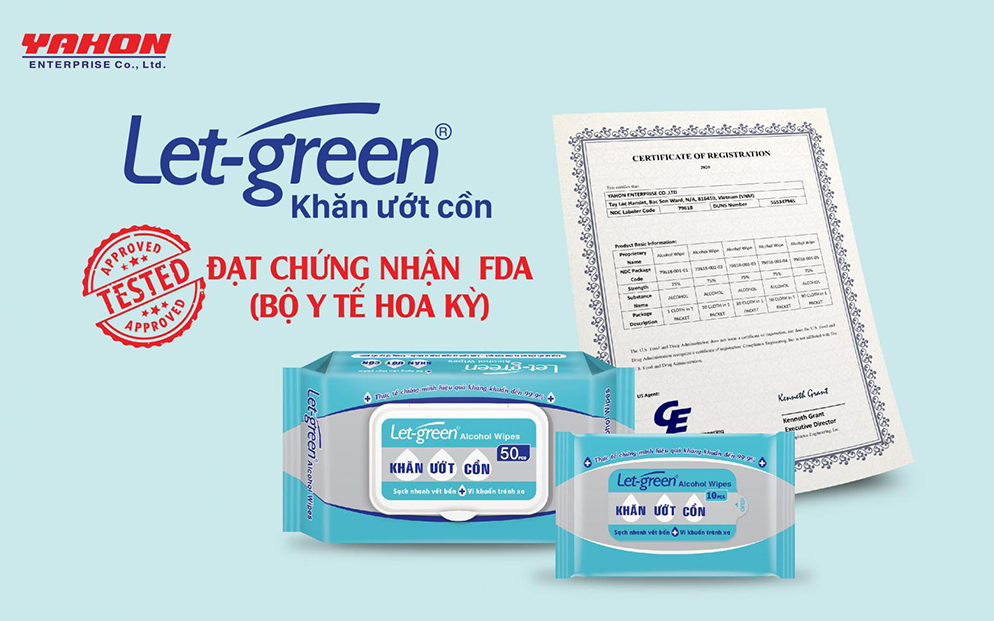 Khăn ướt cồn Let-Green đã chính thức đạt được chứng nhận FDA (Bộ y tế Hoa Kỳ cấp).