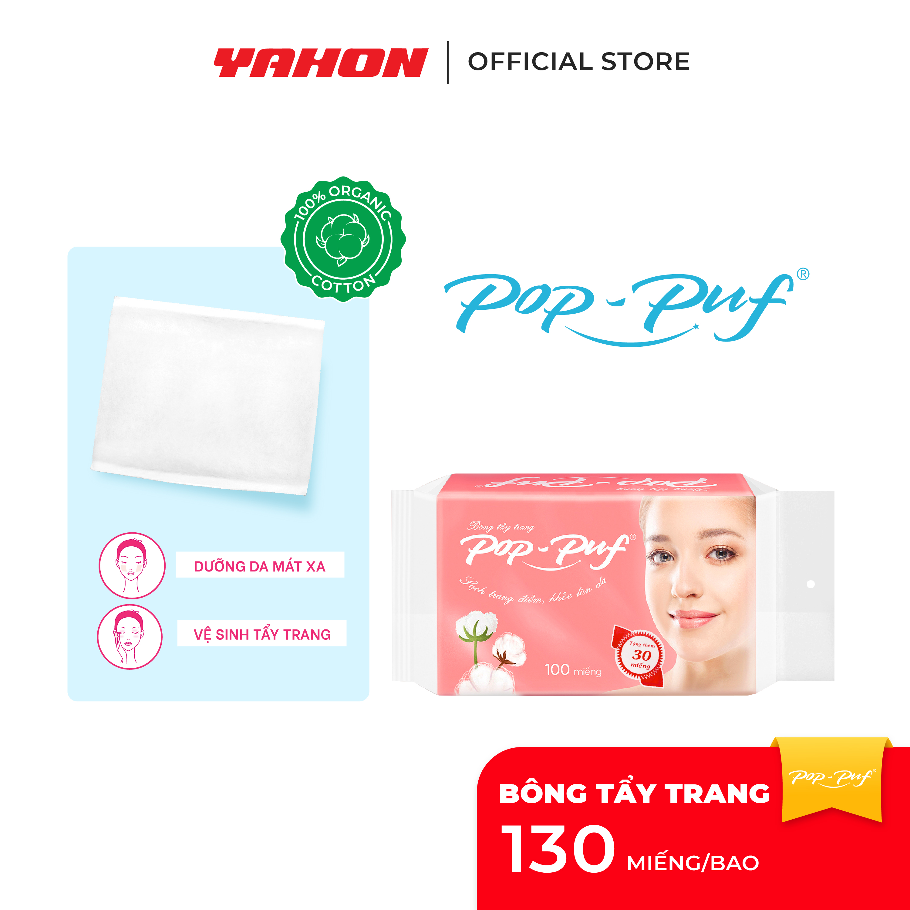 Bao Bông Tẩy Trang Ép Biên POP-PUF, 100 Miếng/Bao