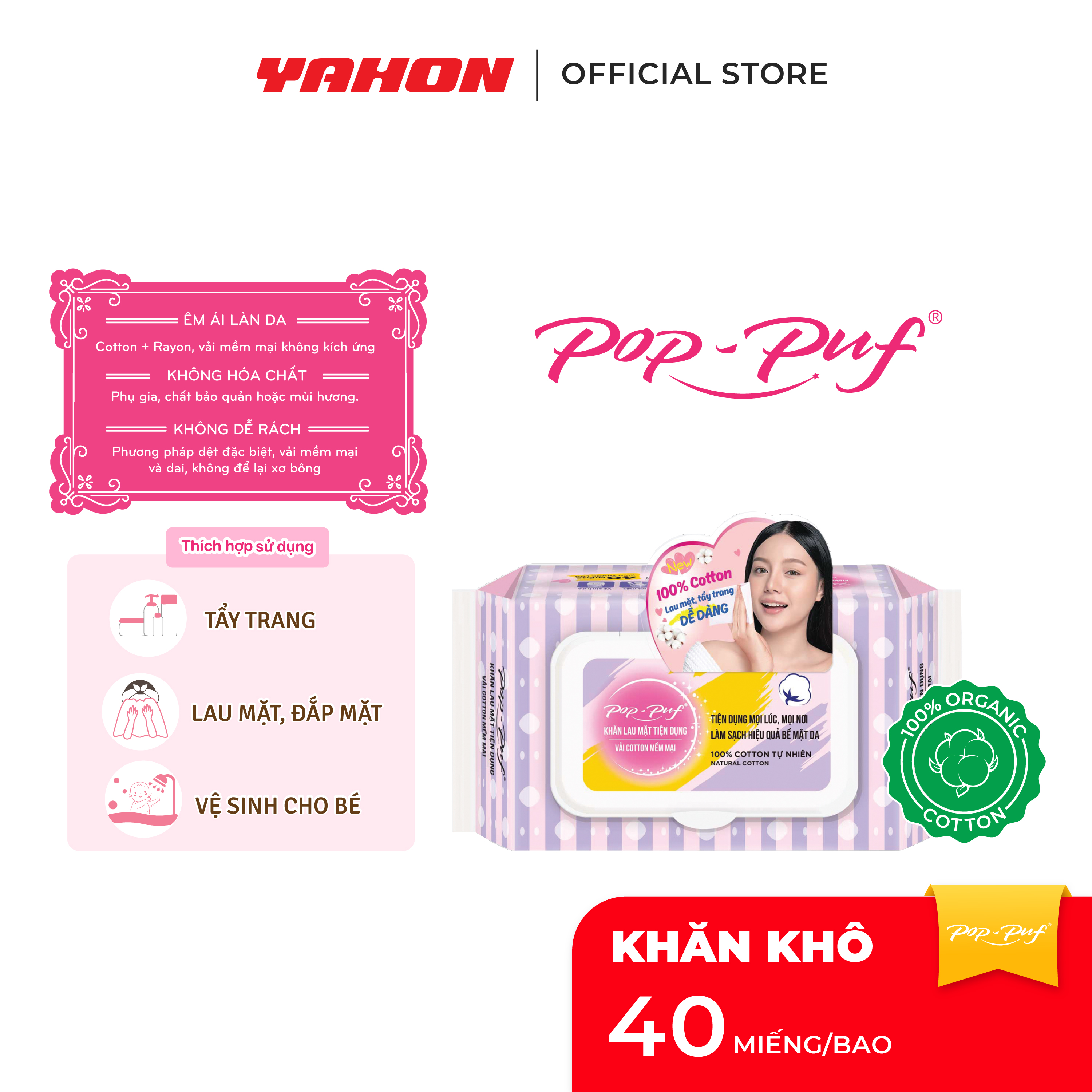 Bao Khăn Lau Mặt Tiện Lợi POP-PUF, 40 Miếng/Bao
