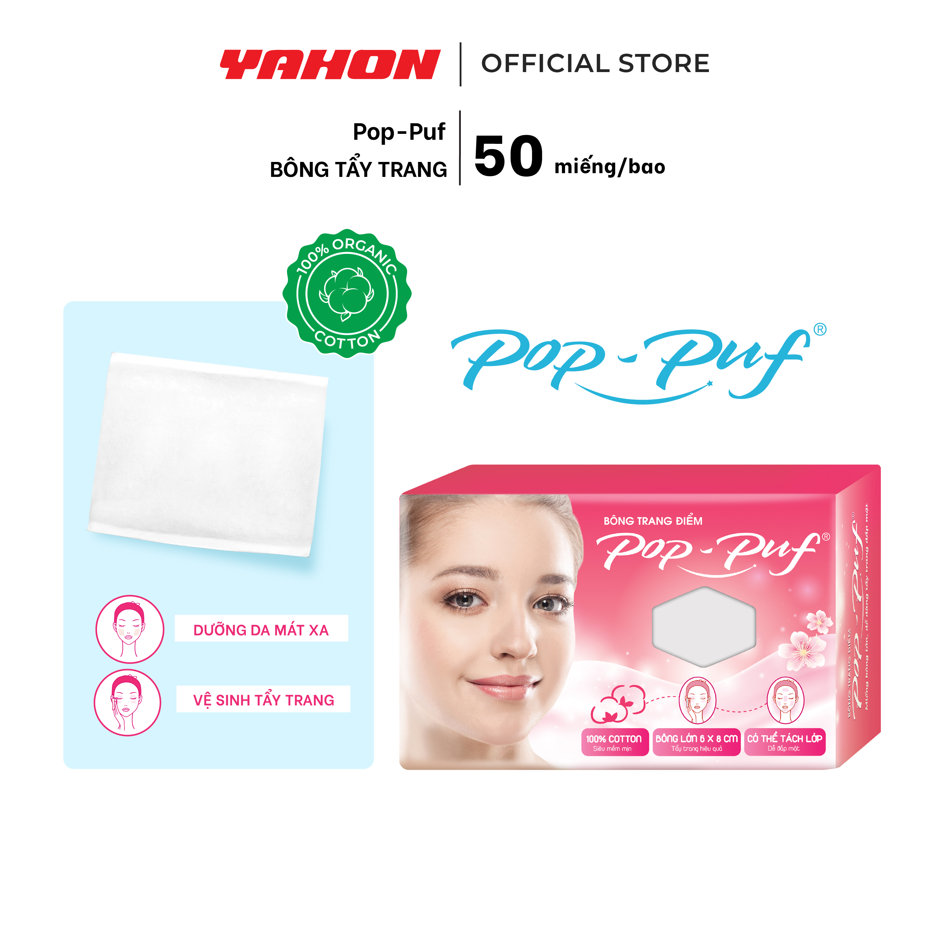 Hộp Bông Tẩy Trang 6*8cm POP-PUF, 50 Miếng/Hộp