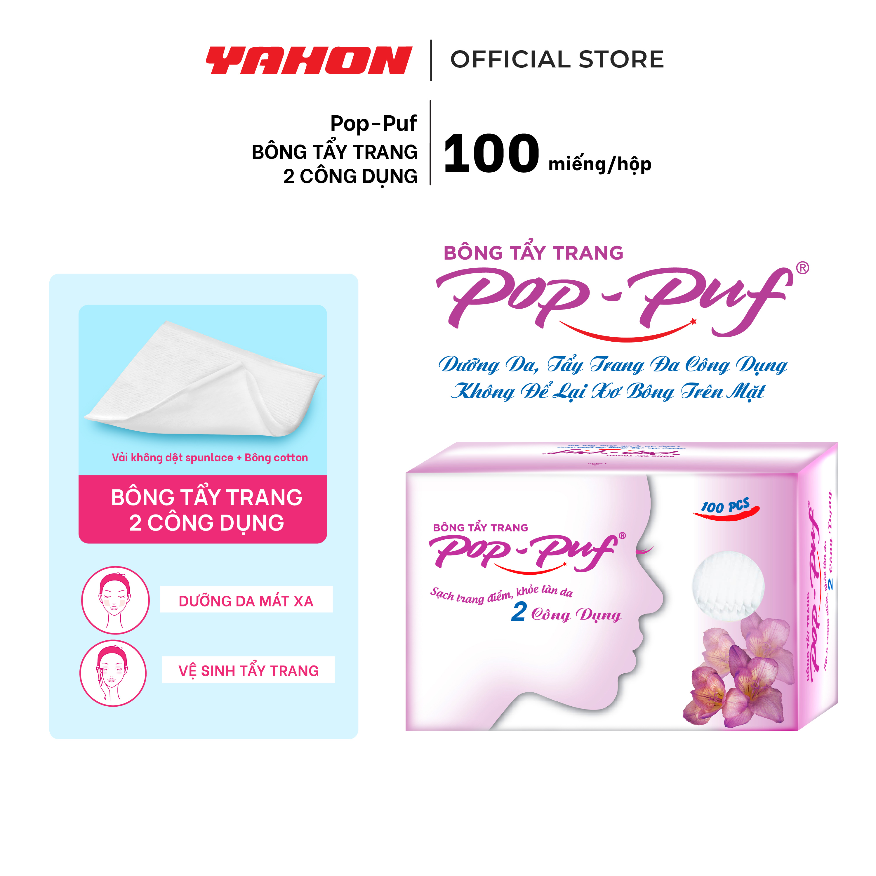 Hộp Bông Tẩy Trang POP-PUF 2 Công Dụng, 100 Miếng/Hộp