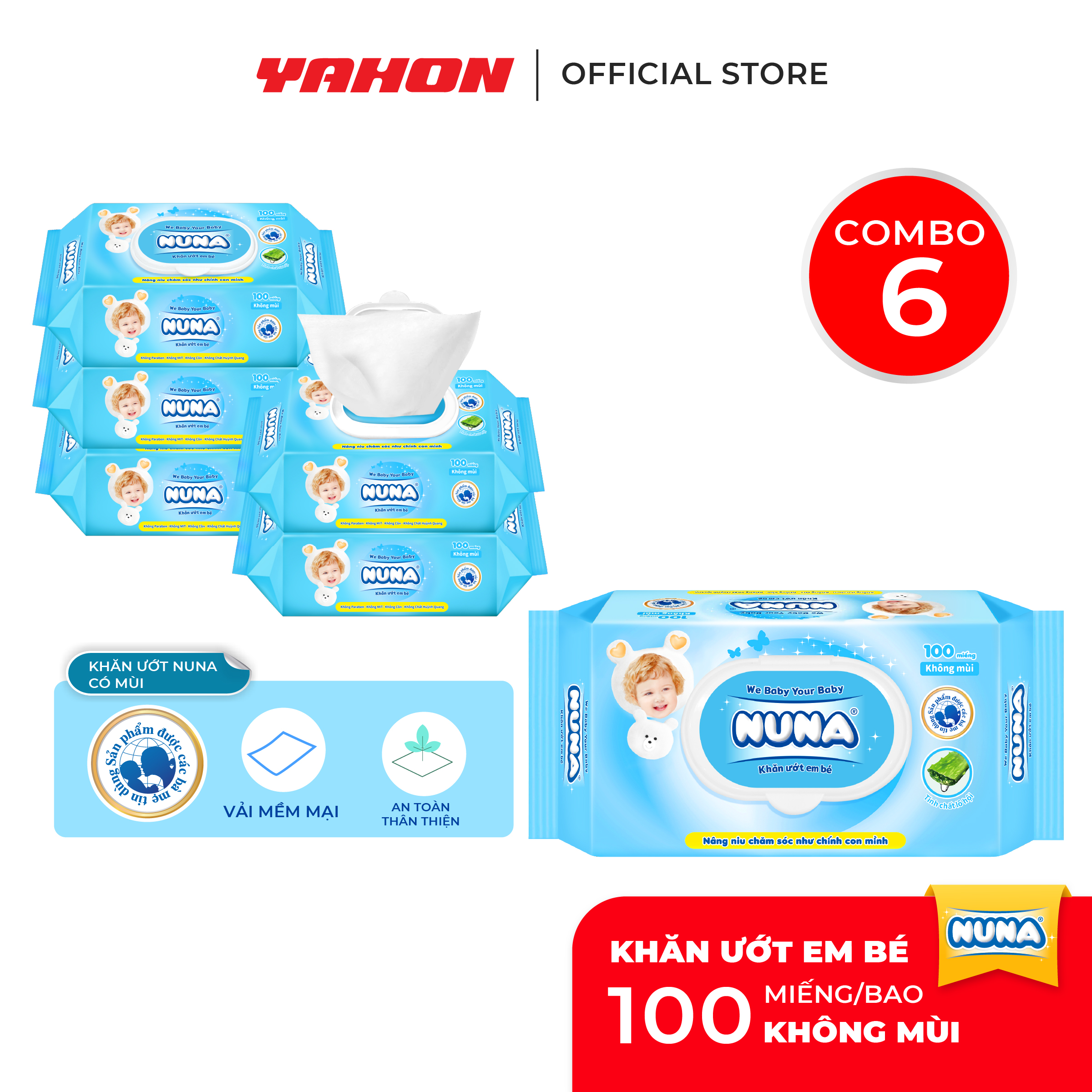 Combo 6 Bao Khăn Ướt Em Bé NUNA Không Mùi, 100 Miếng/Bao