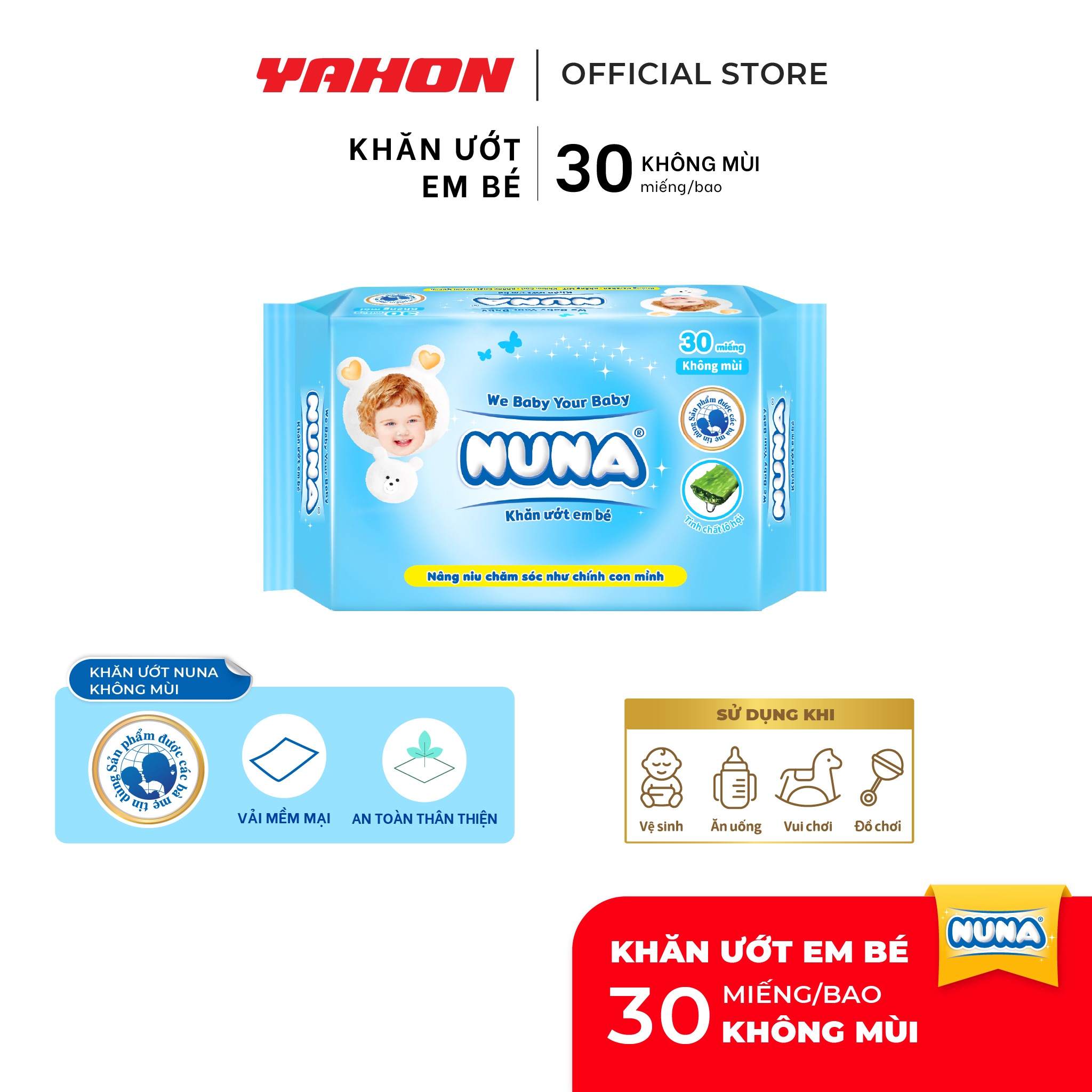 Bao Khăn Ướt Em Bé NUNA Không Mùi, 30 Miếng/Bao