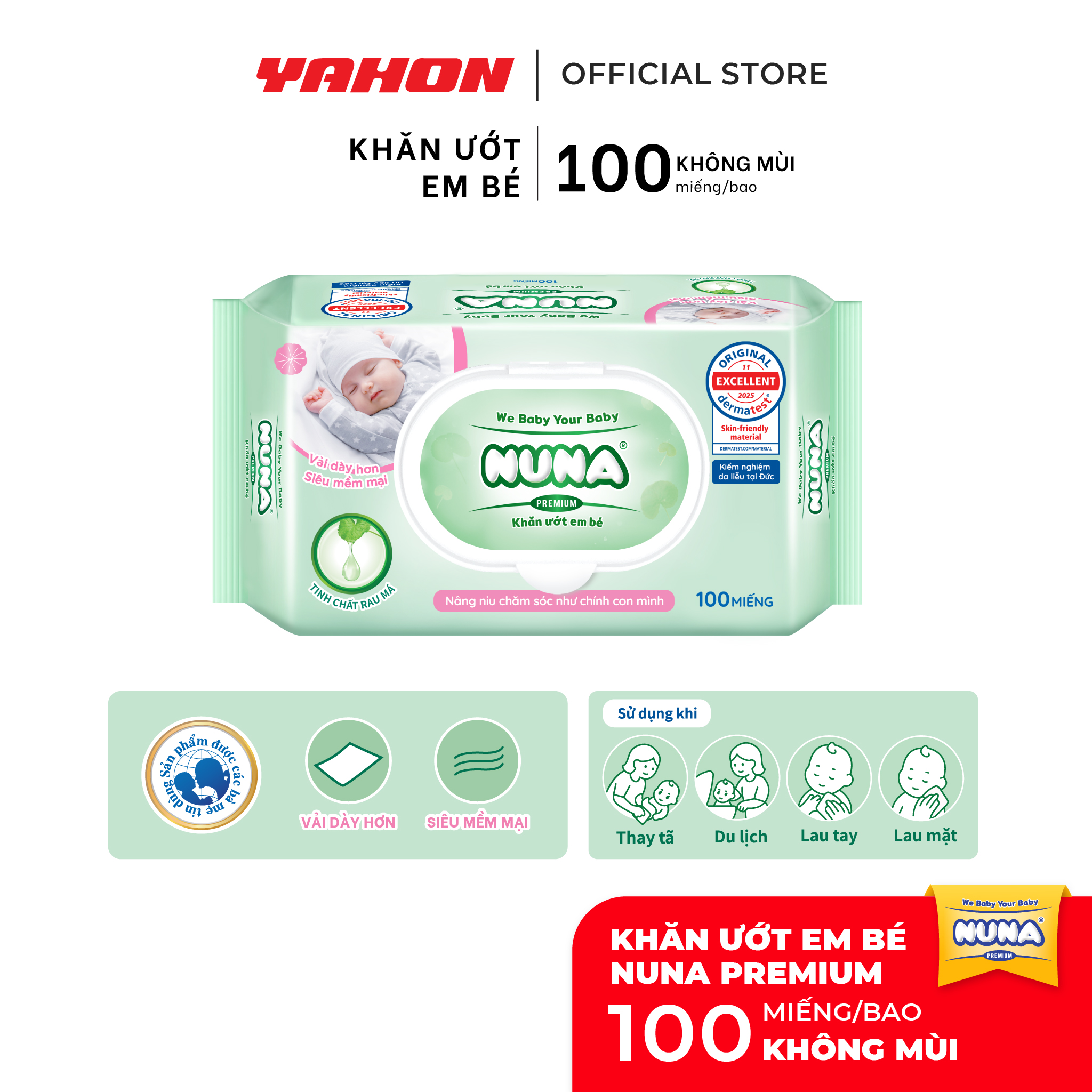 Bao Khăn Ướt Em Bé NUNA Premium Không Mùi, 100 Miếng/Bao