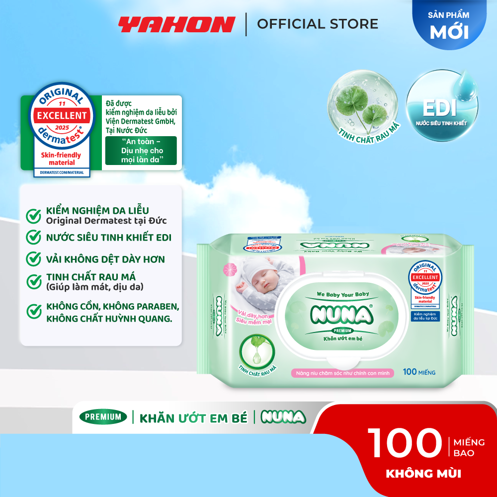 Bao Khăn Ướt Em Bé NUNA Premium Không Mùi, 100 Miếng/Bao
