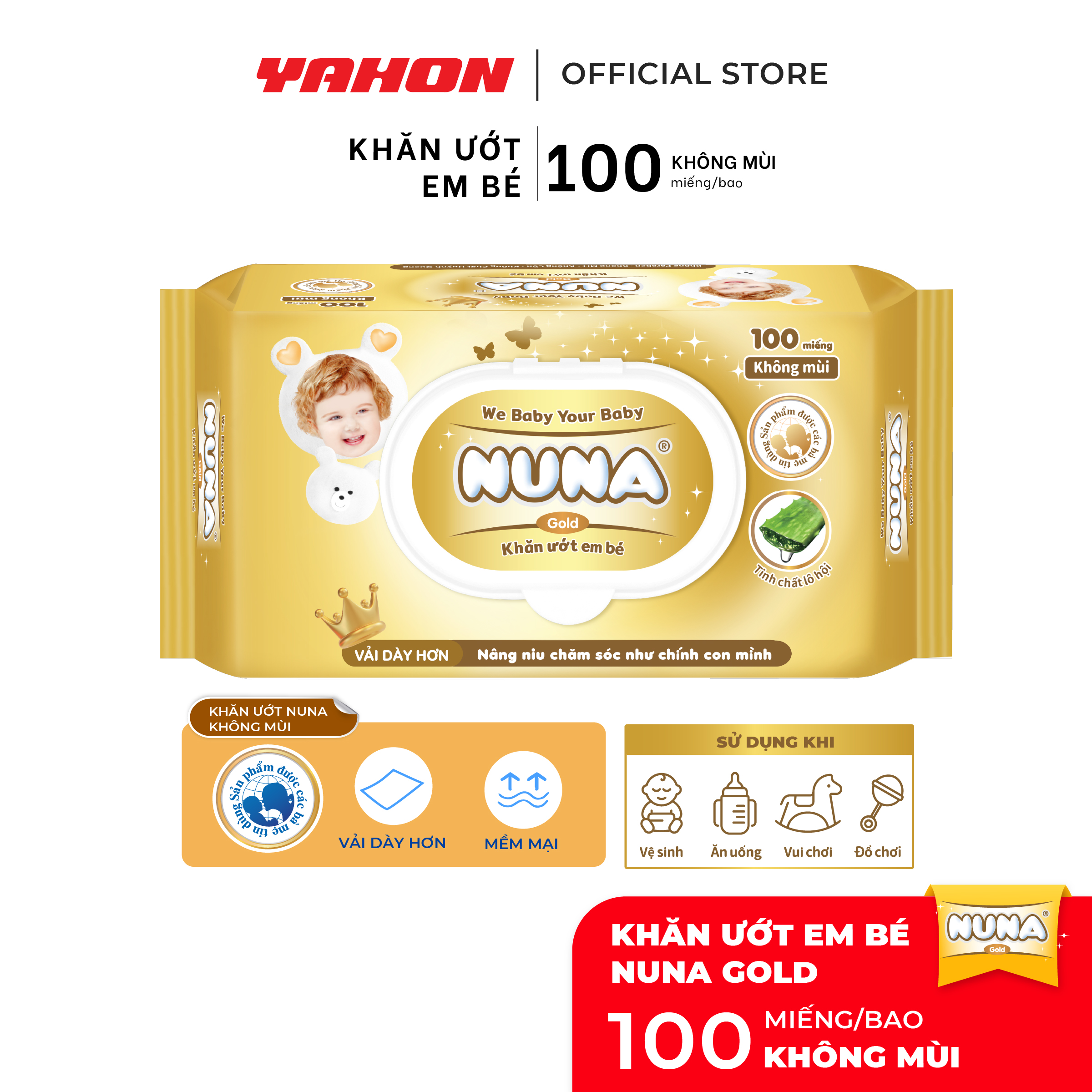 Bao Khăn Ướt Em Bé NUNA Gold Không Mùi, 100 Miếng/Bao