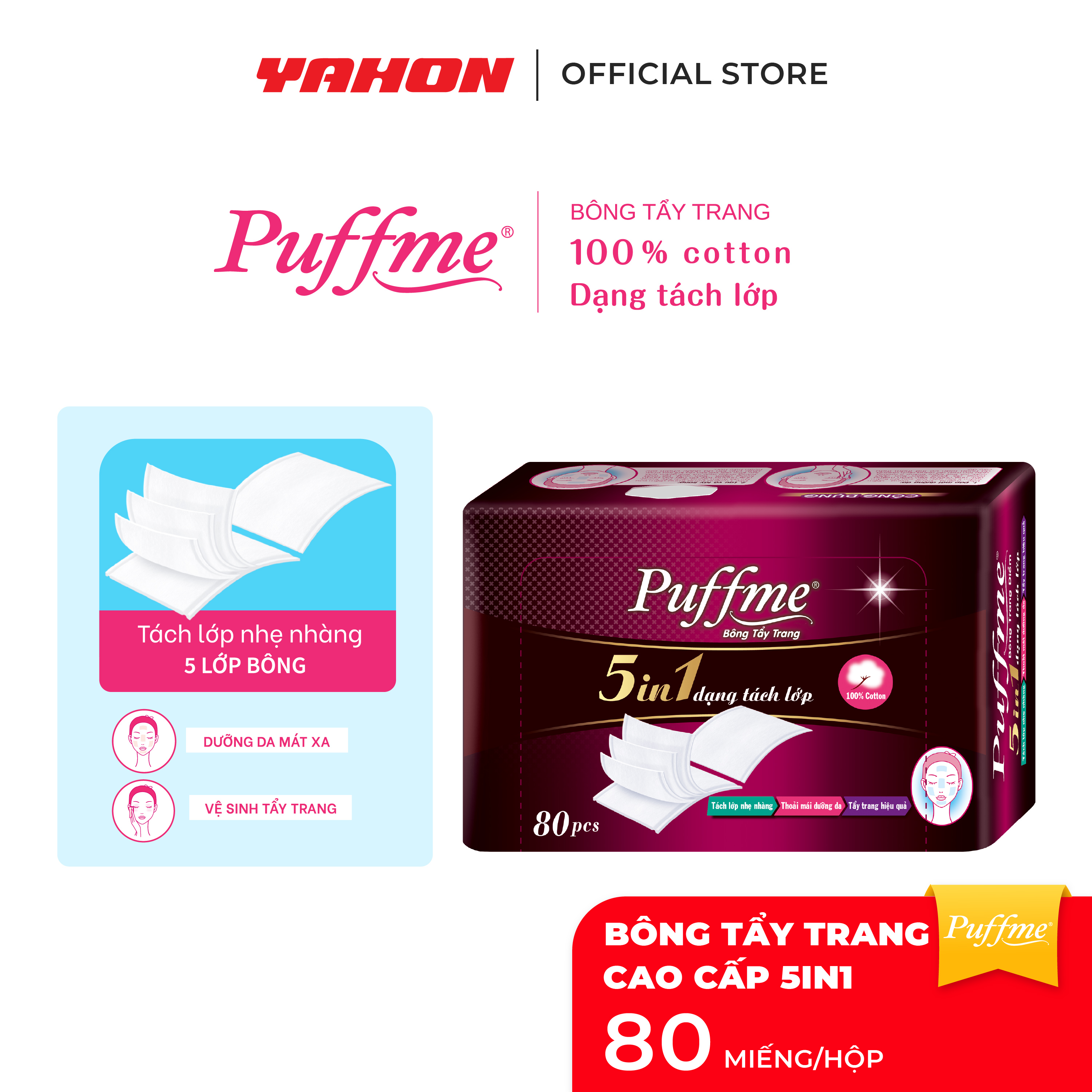 Hộp Bông Tẩy Trang PUFFME 5in1 5 Lớp Cao Cấp, 80 Miếng/Hộp