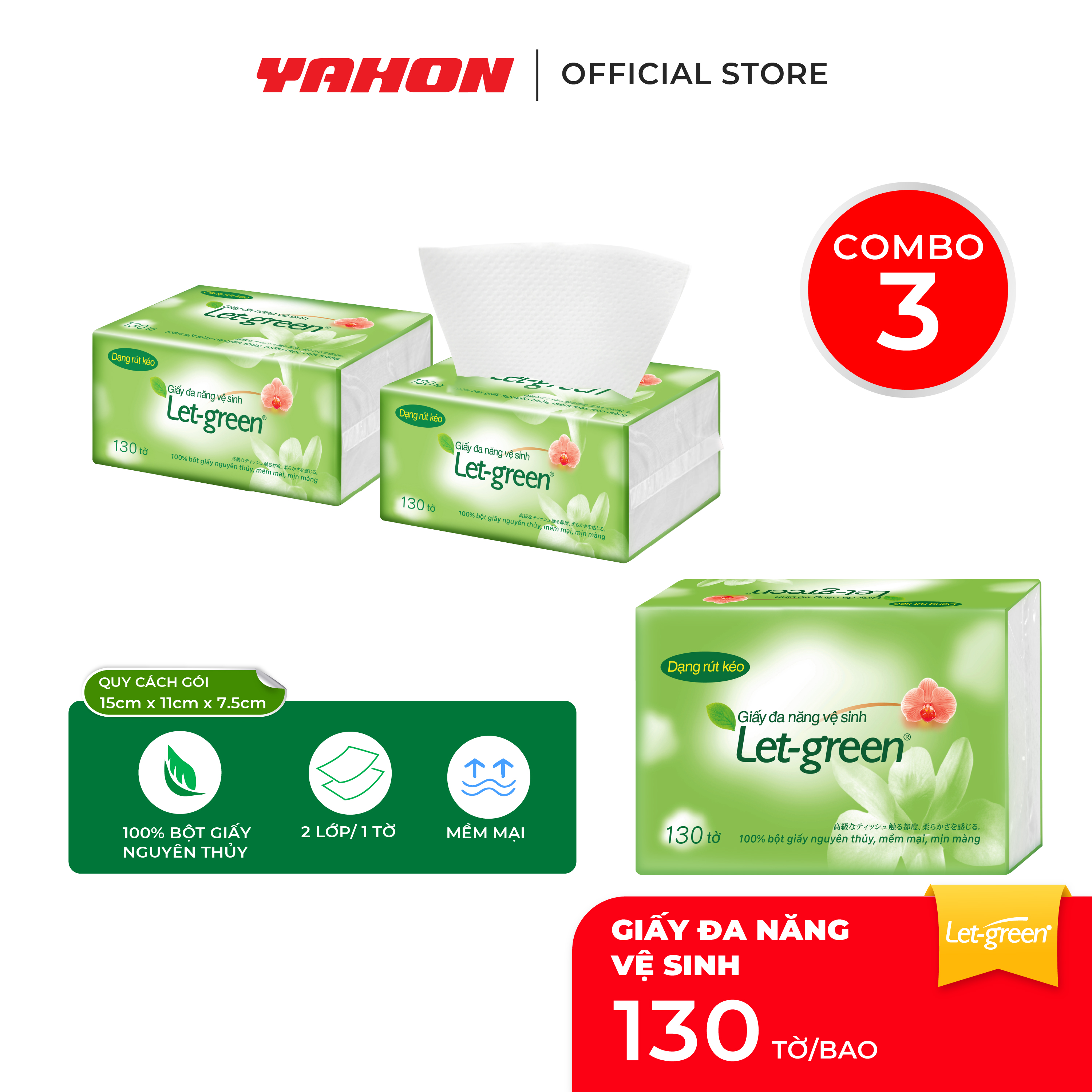 Combo 3 Giấy Đa Năng Vệ Sinh LET-GREEN 15*21cm, 130 Tờ/Bao