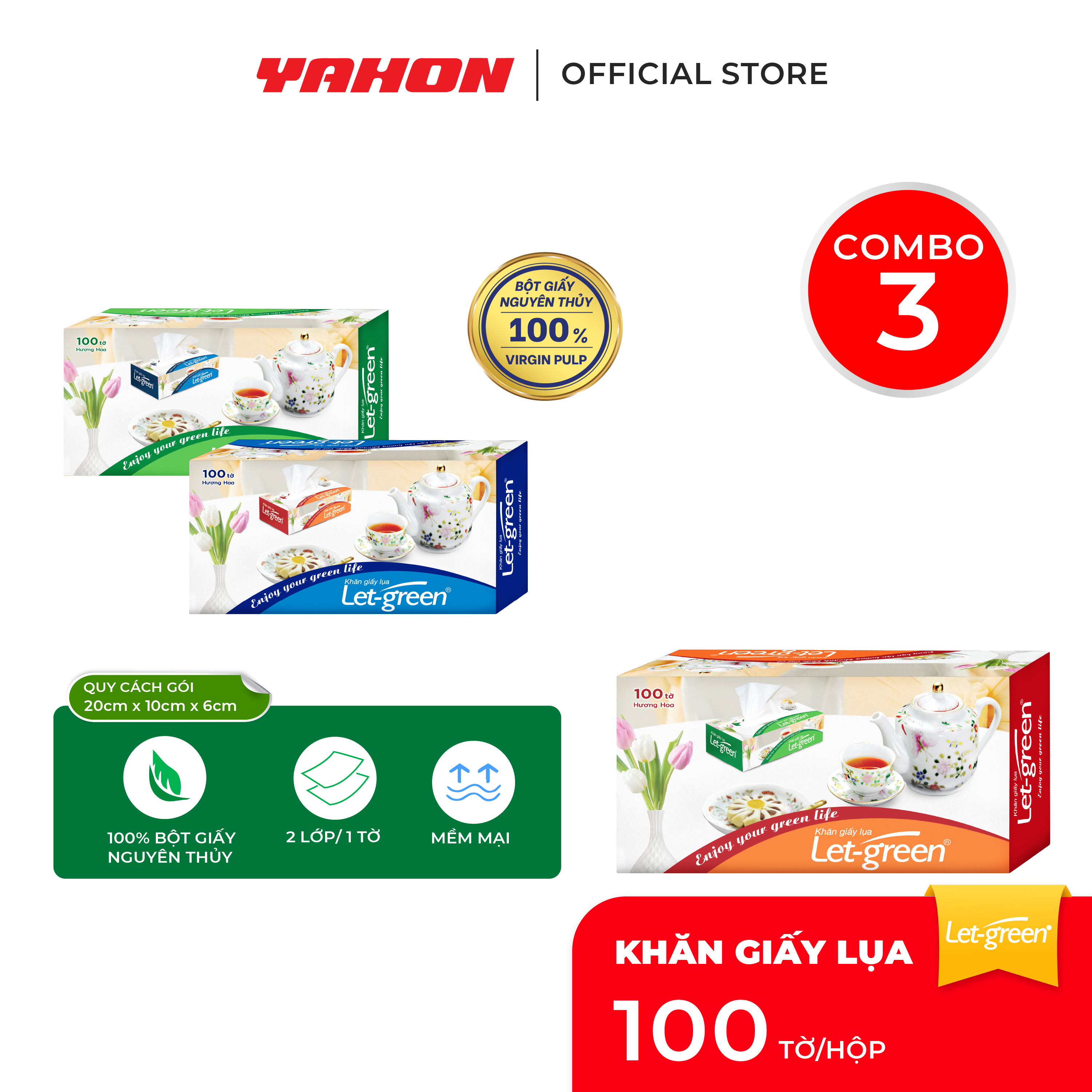 Combo 3 Khăn Giấy Hộp LET-GREEN, 100 Tờ/Hộp