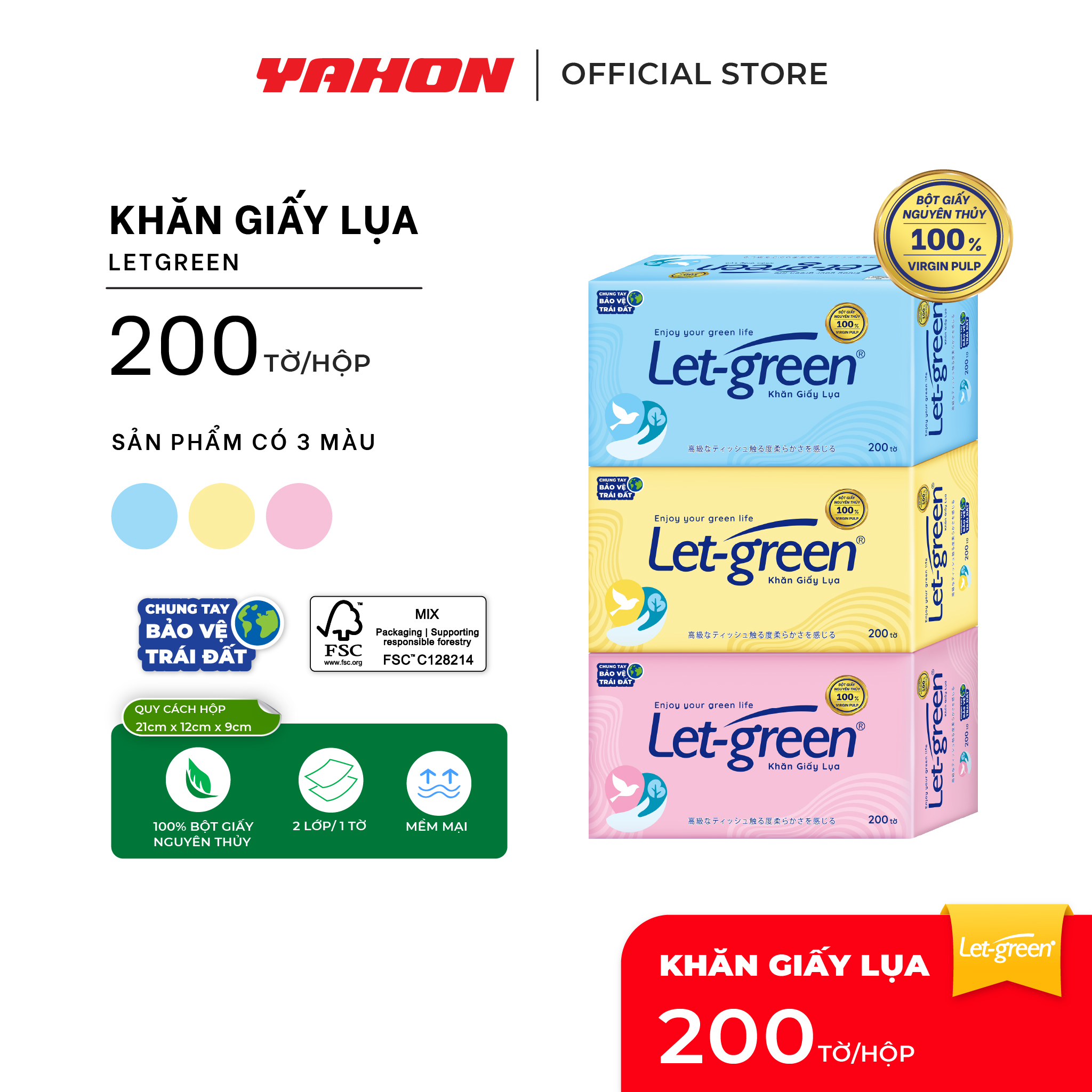 Combo 3 Khăn Giấy Hộp LET-GREEN, 200 Tờ/Hộp