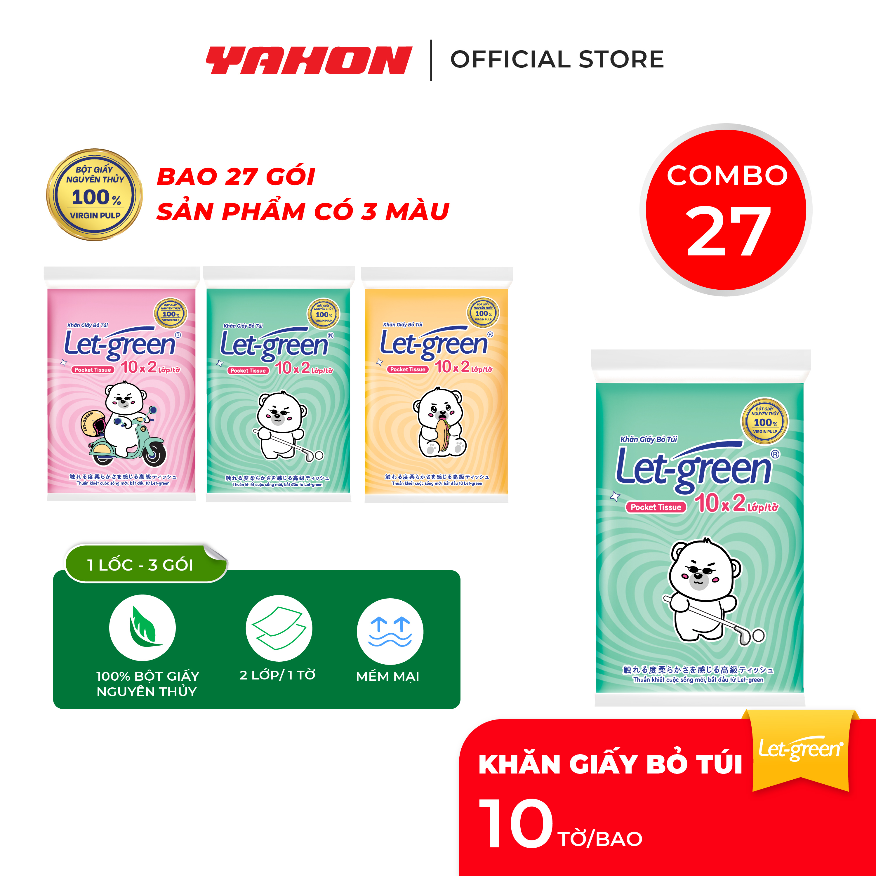 Combo 27 Gói Khăn Giấy Bỏ Túi LET-GREEN, 10 Tờ/Gói
