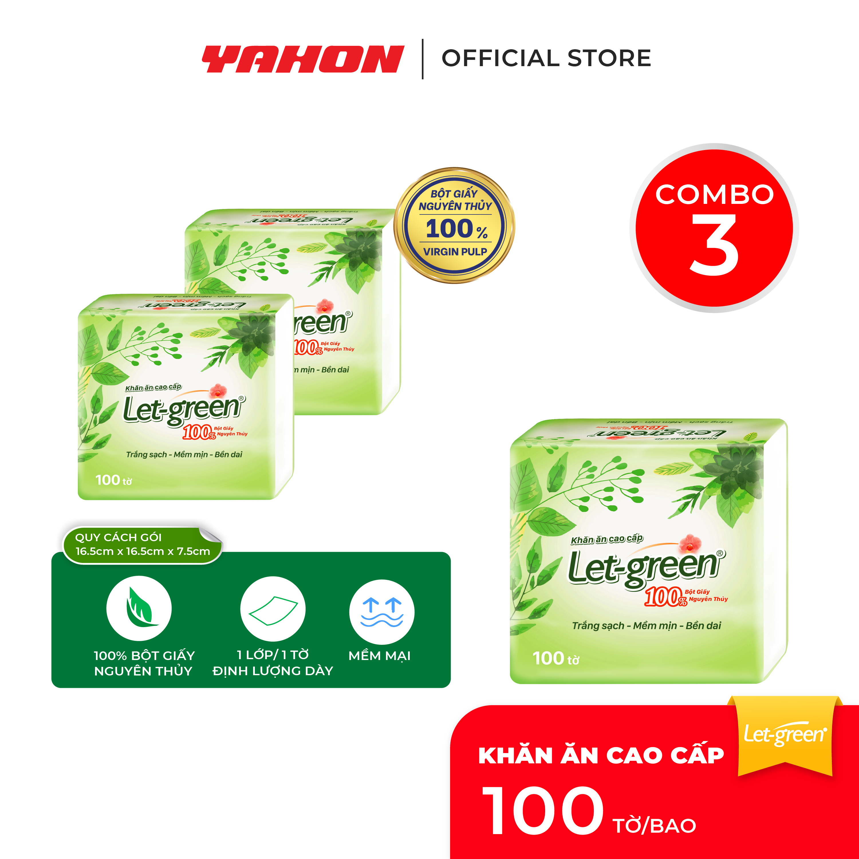 Combo 3 Khăn Ăn Cao Cấp 33*33cm LET-GREEN, 100 Tờ/Bao