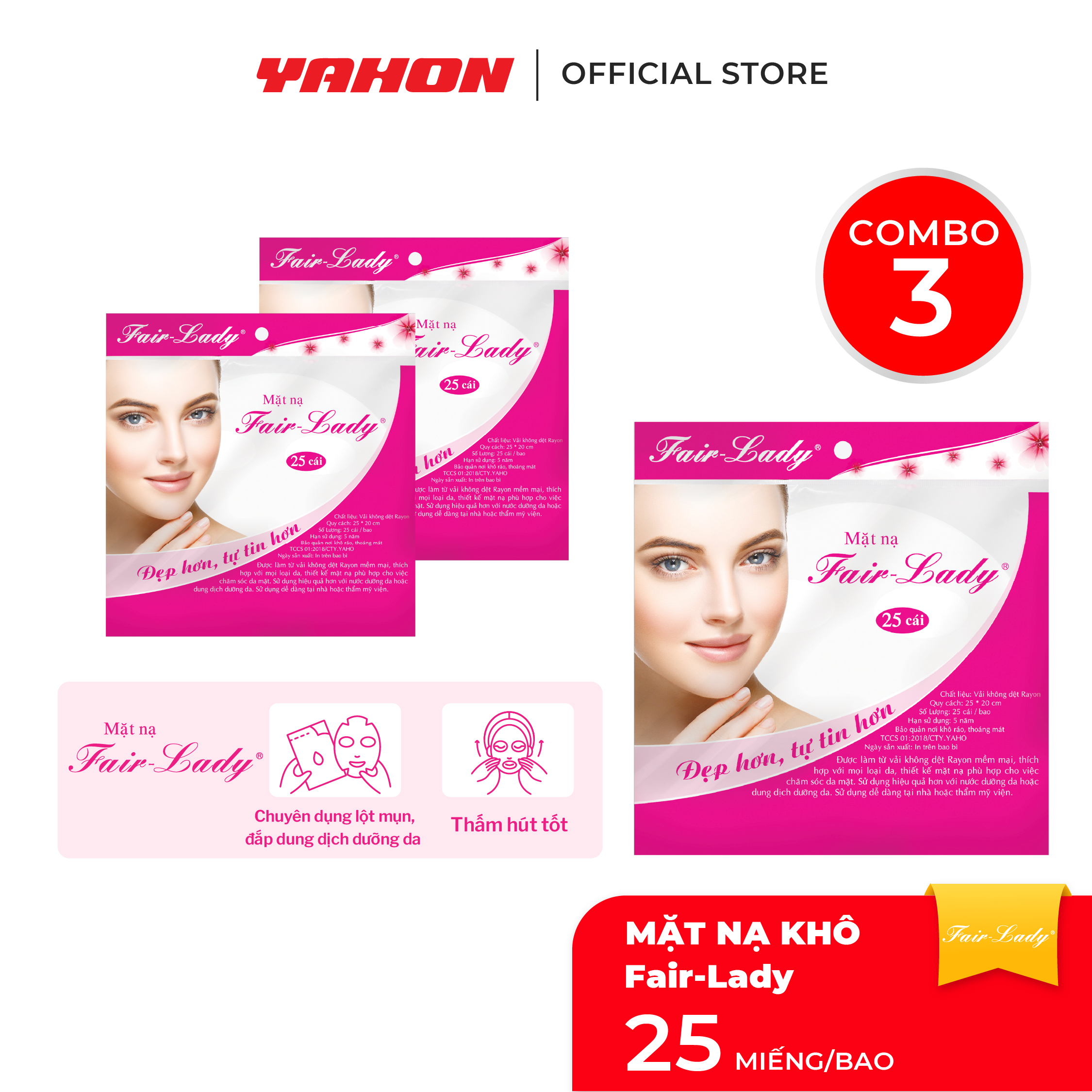 Combo 3 Bao Mặt Nạ Khô FAIR-LADY, 25 Miếng/Bao