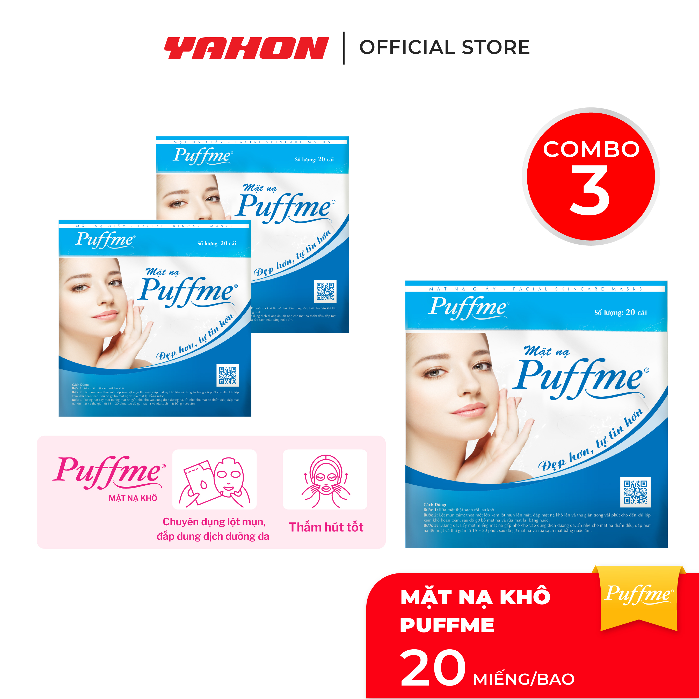 Combo 3 Bao Mặt Nạ Khô PUFFME, 20 Cái/Bao