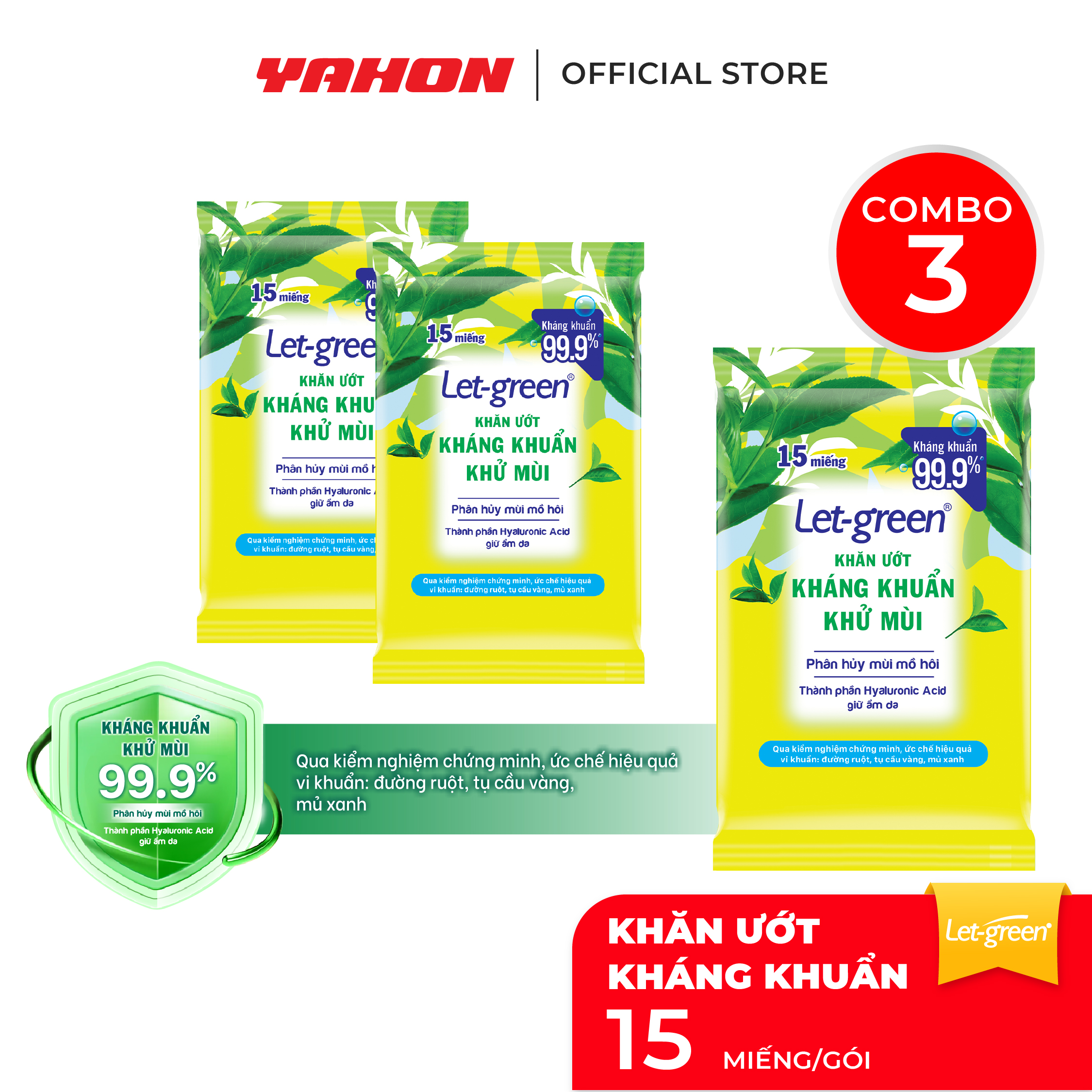 Combo 3 Gói Khăn Ướt Kháng Khuẩn Khử Mùi LET-GREEN, 15 Miếng/Gói