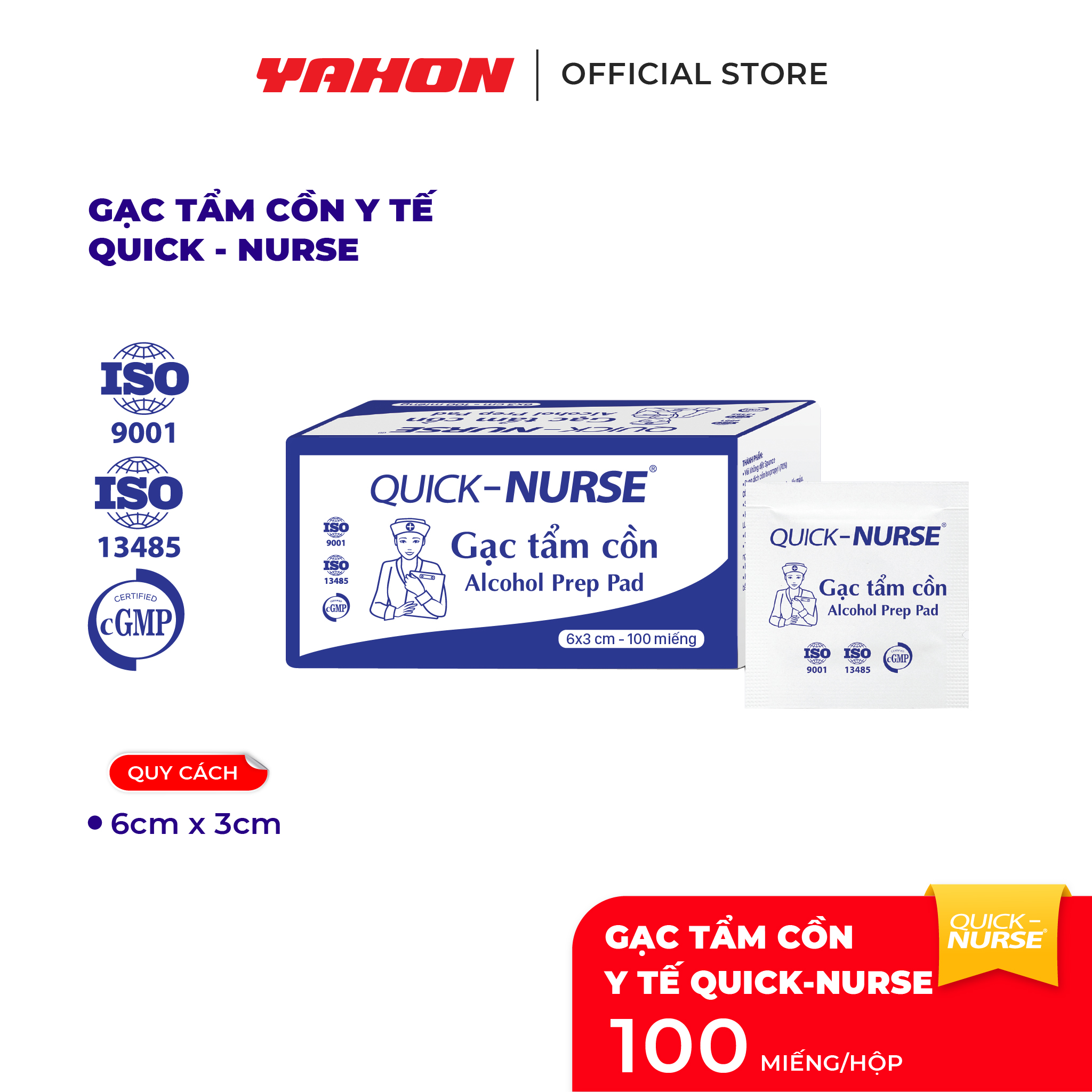 Hộp Gạc Tẩm Cồn 6*3cm Quick-nurse, 100 Miếng/Hộp