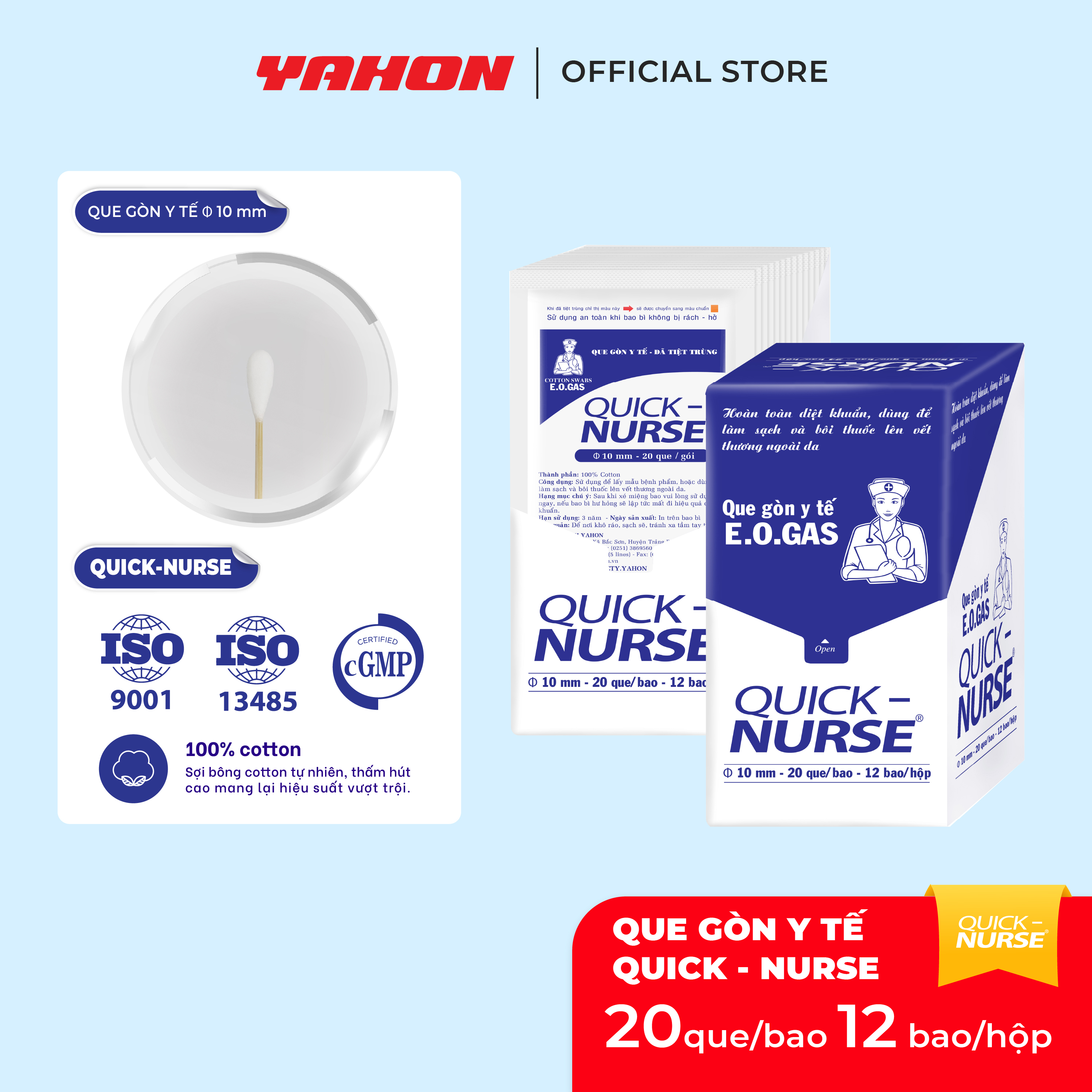 Hộp Que Gòn Tiệt Trùng 10mm QUICK-NURSE, 20 Que/1Gói, 12 Gói/Hộp