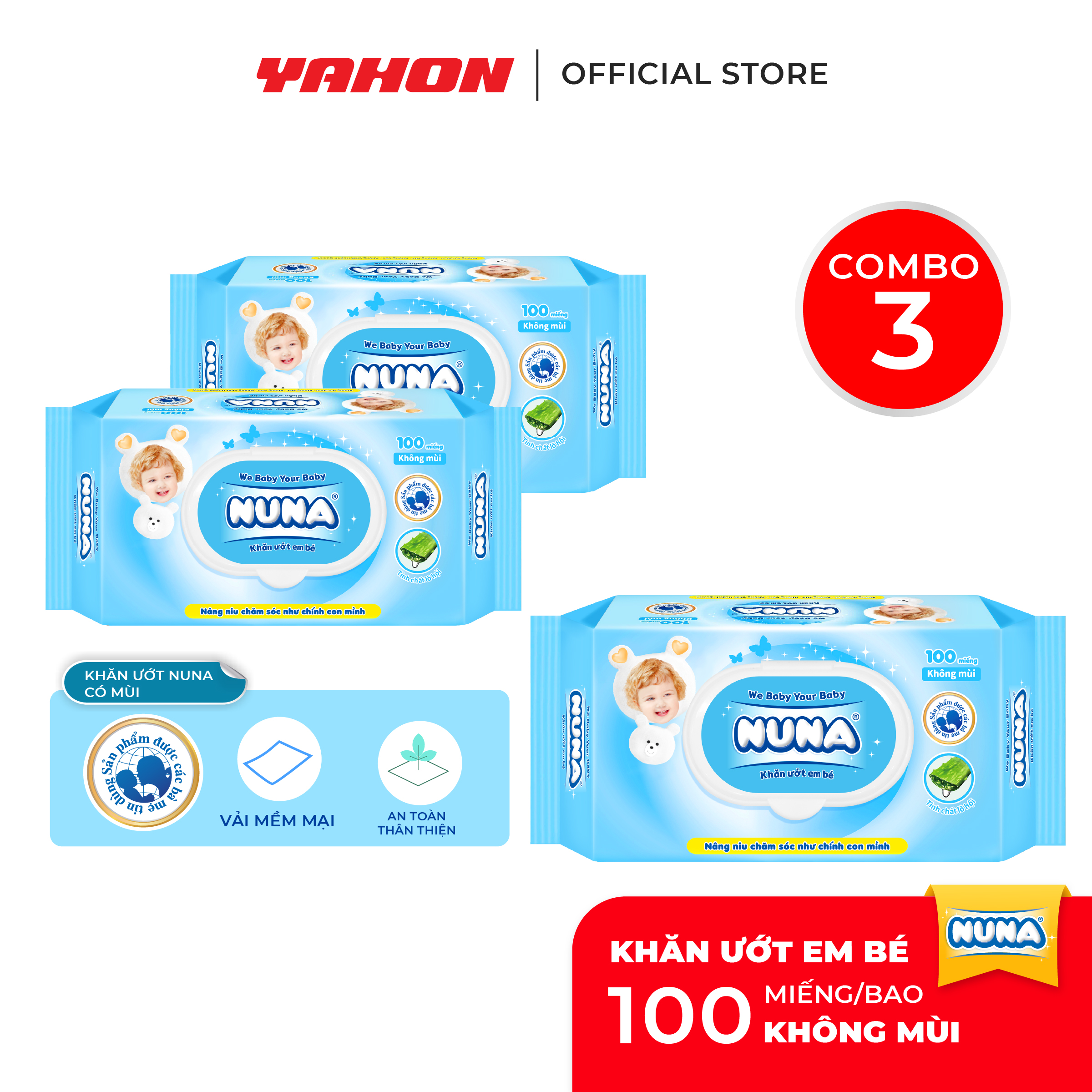 Combo 3 Bao Khăn Ướt Em Bé NUNA Không Mùi, 100 Miếng/Bao