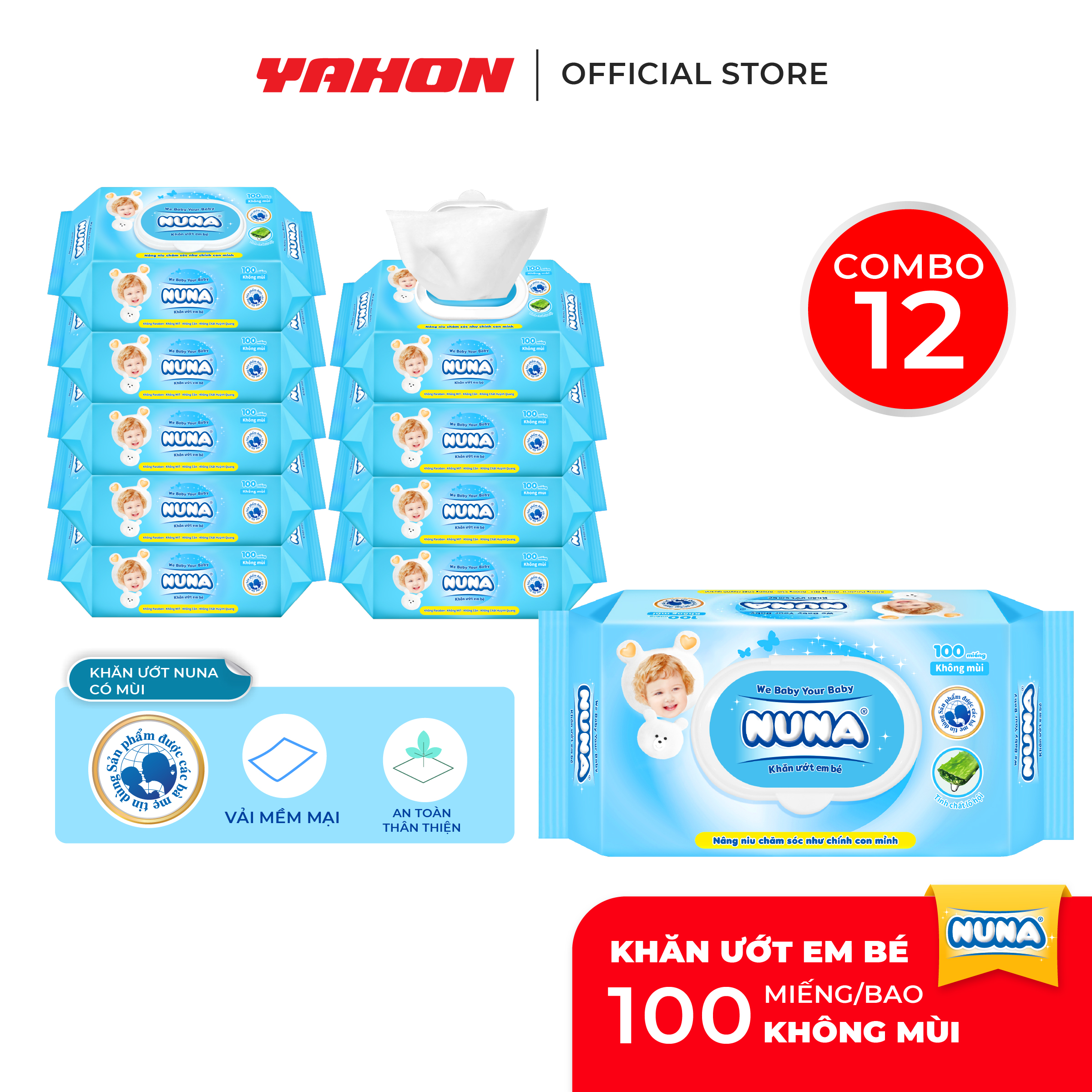 Combo 12 Bao Khăn Ướt Em Bé NUNA Không Mùi, 100 Miếng/Bao