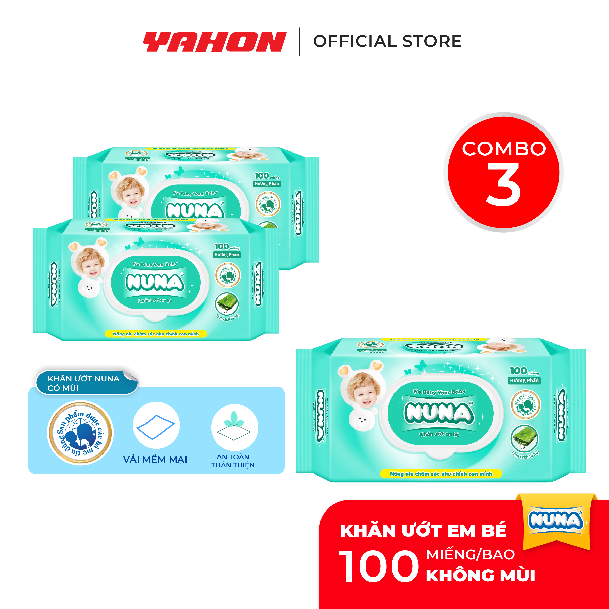 Combo 3 Bao Khăn Ướt Em Bé NUNA Hương Phấn, 100 Miếng/Bao