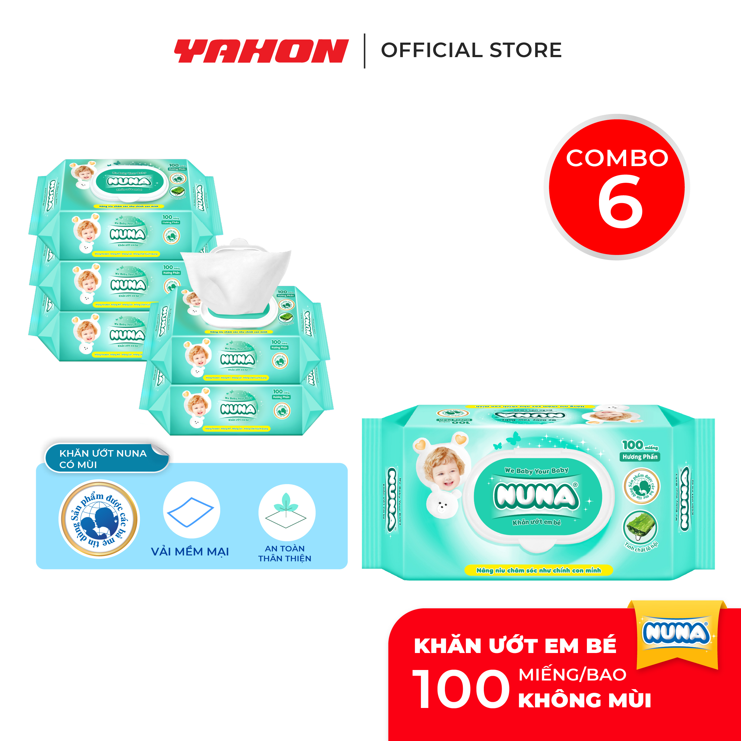 Combo 6 Bao Khăn Ướt Em Bé NUNA Hương Phấn, 100 Miếng/Bao