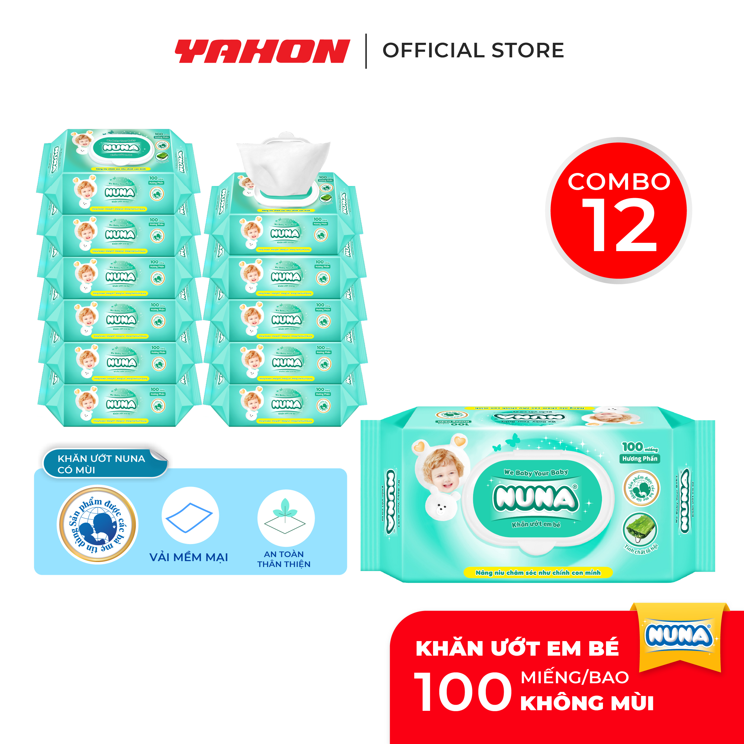 Combo 12 Bao Khăn Ướt Em Bé NUNA Hương Phấn, 100 Miếng/Bao