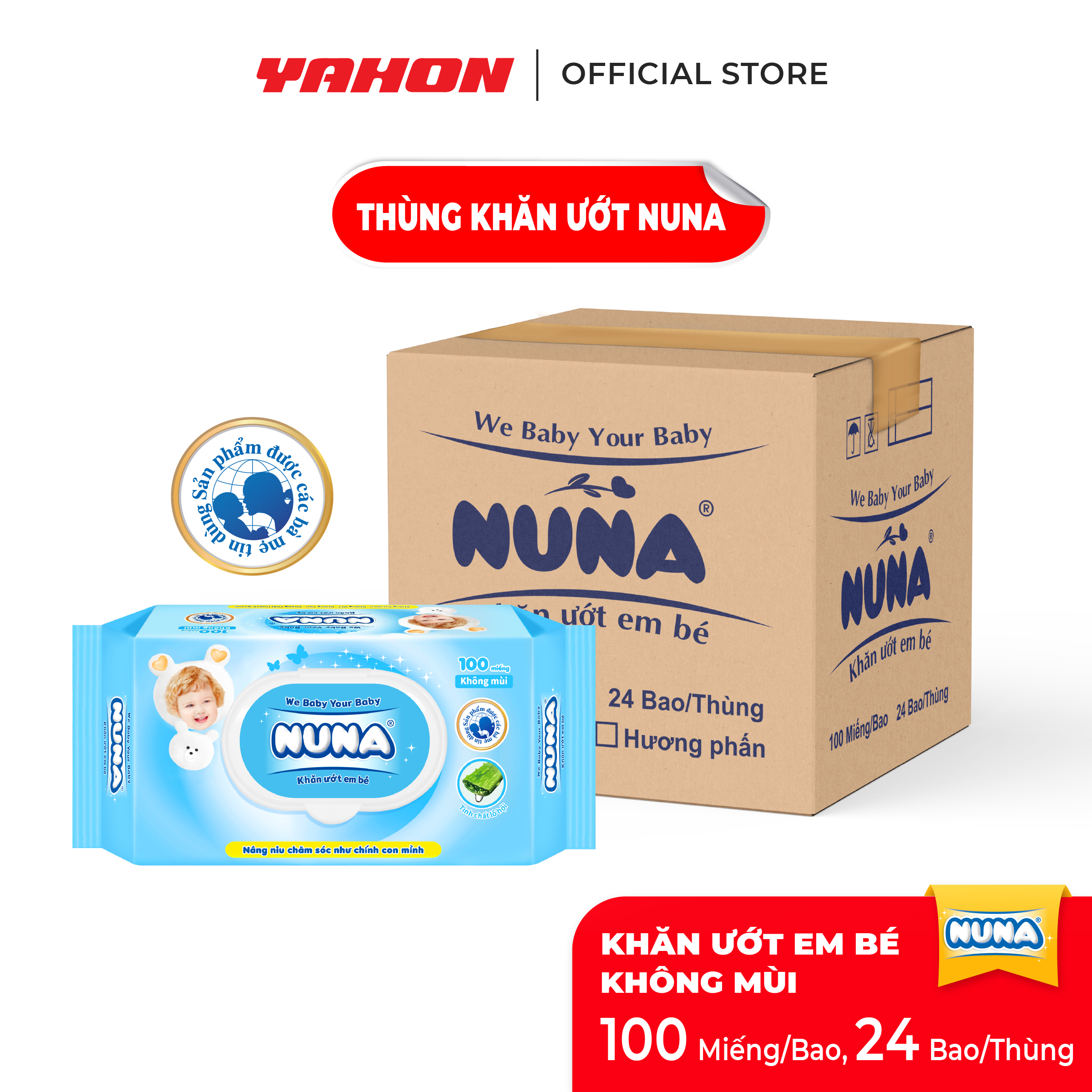 Thùng Khăn Ướt Em Bé NUNA Không Mùi, 100 Miếng/Bao, 24 Bao/Thùng