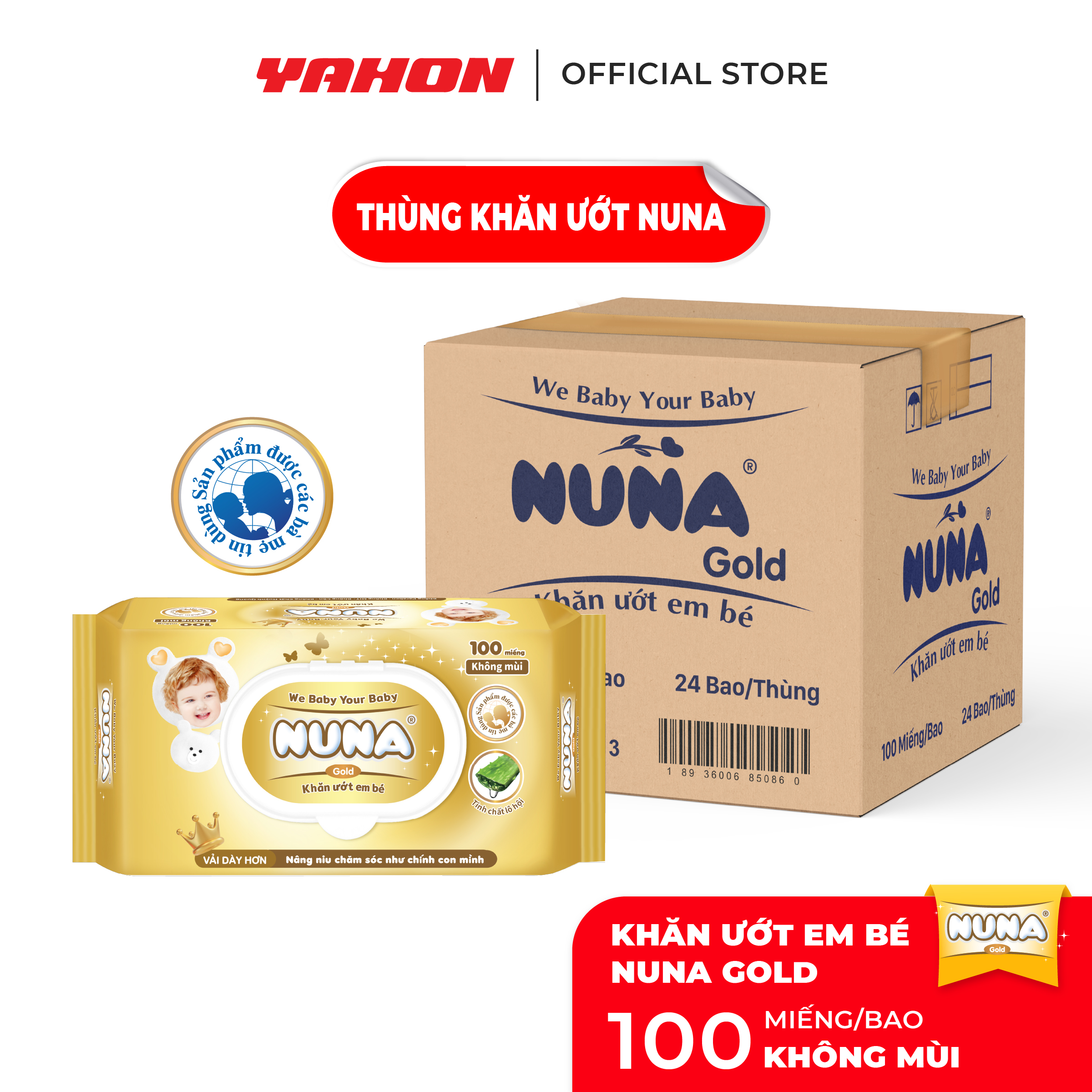 Thùng Khăn Ướt Em Bé NUNA Gold, 100 Miếng/Bao, 24 Bao/Thùng