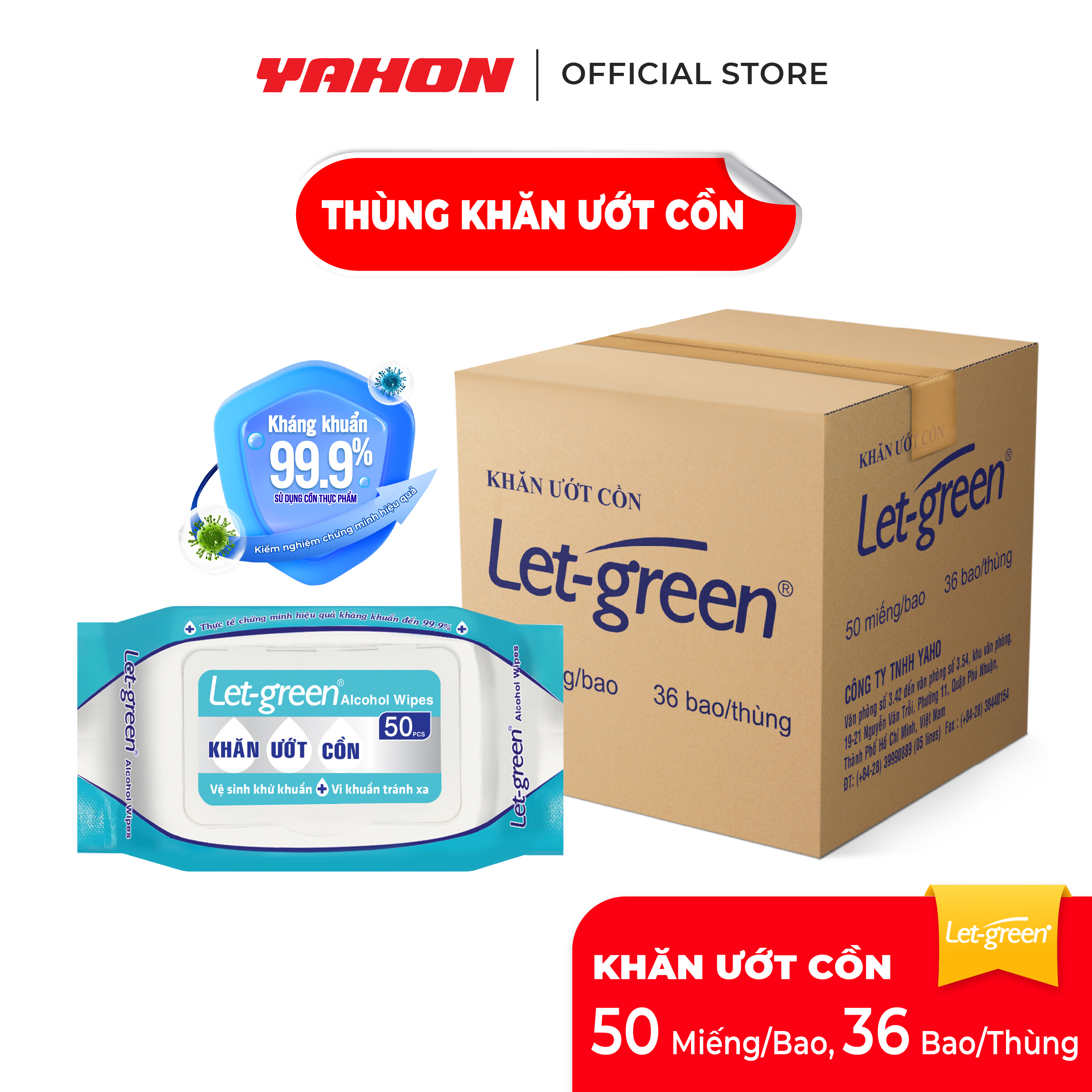 Thùng Khăn Ướt Cồn LET-GREEN Diệt Khuẩn, 50 Miếng/Bao, 36 Bao/Thùng