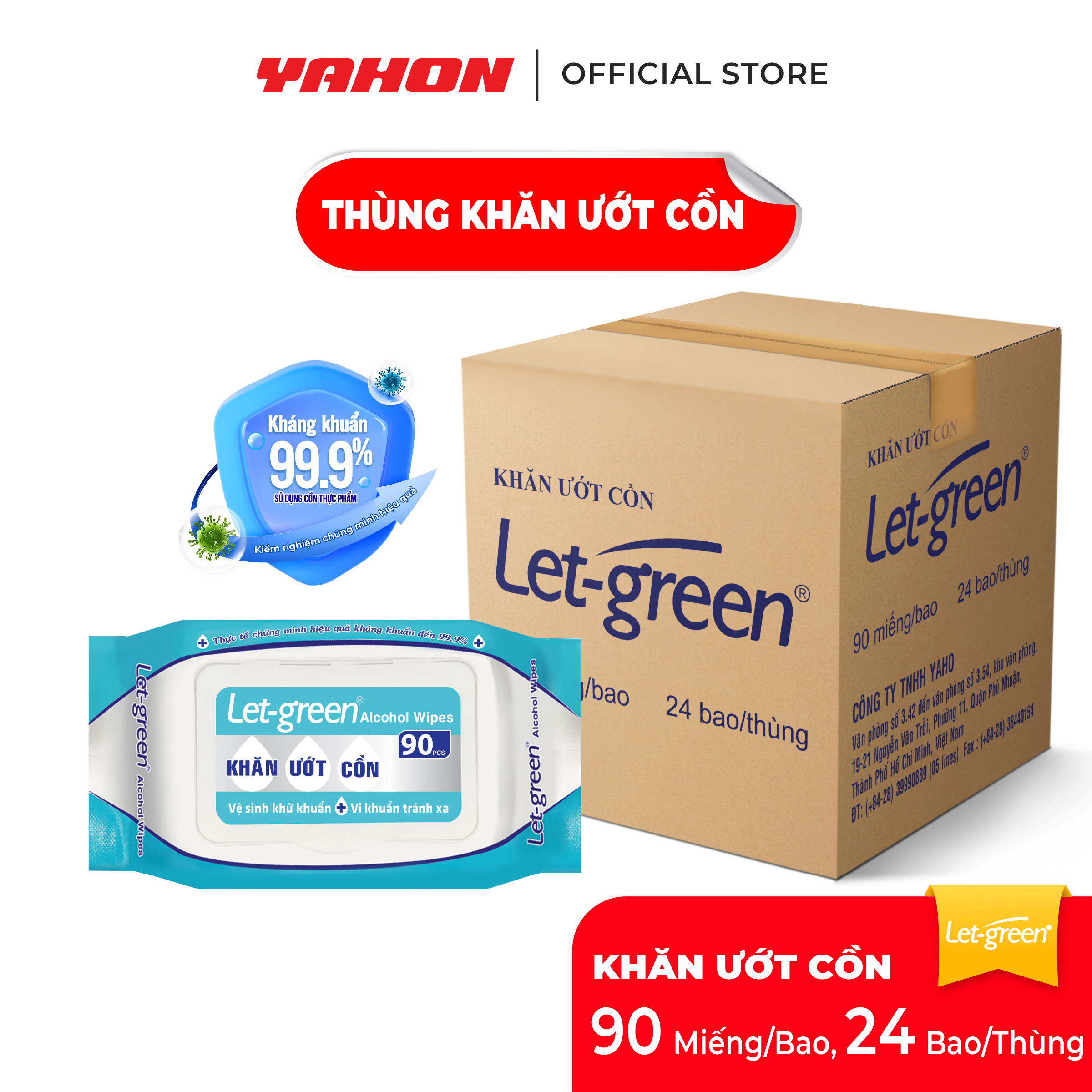 Thùng Khăn Ướt Cồn LET-GREEN Diệt Khuẩn, 90 Miếng/Bao, 24 Bao/Thùng