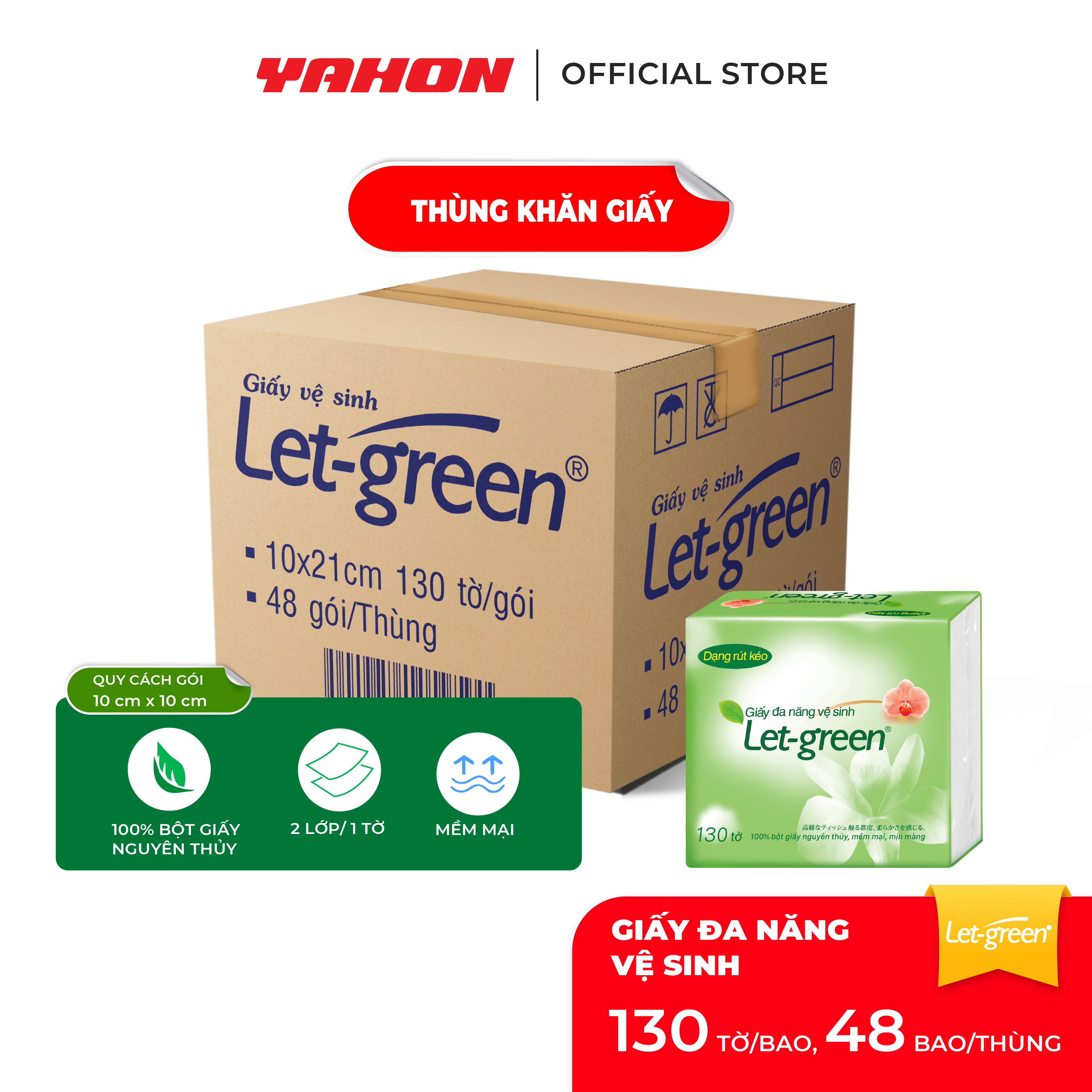 Thùng Giấy Đa Năng Vệ Sinh LET-GREEN 10x21cm, 130 Tờ/Bao, 48 Bao/Thùng