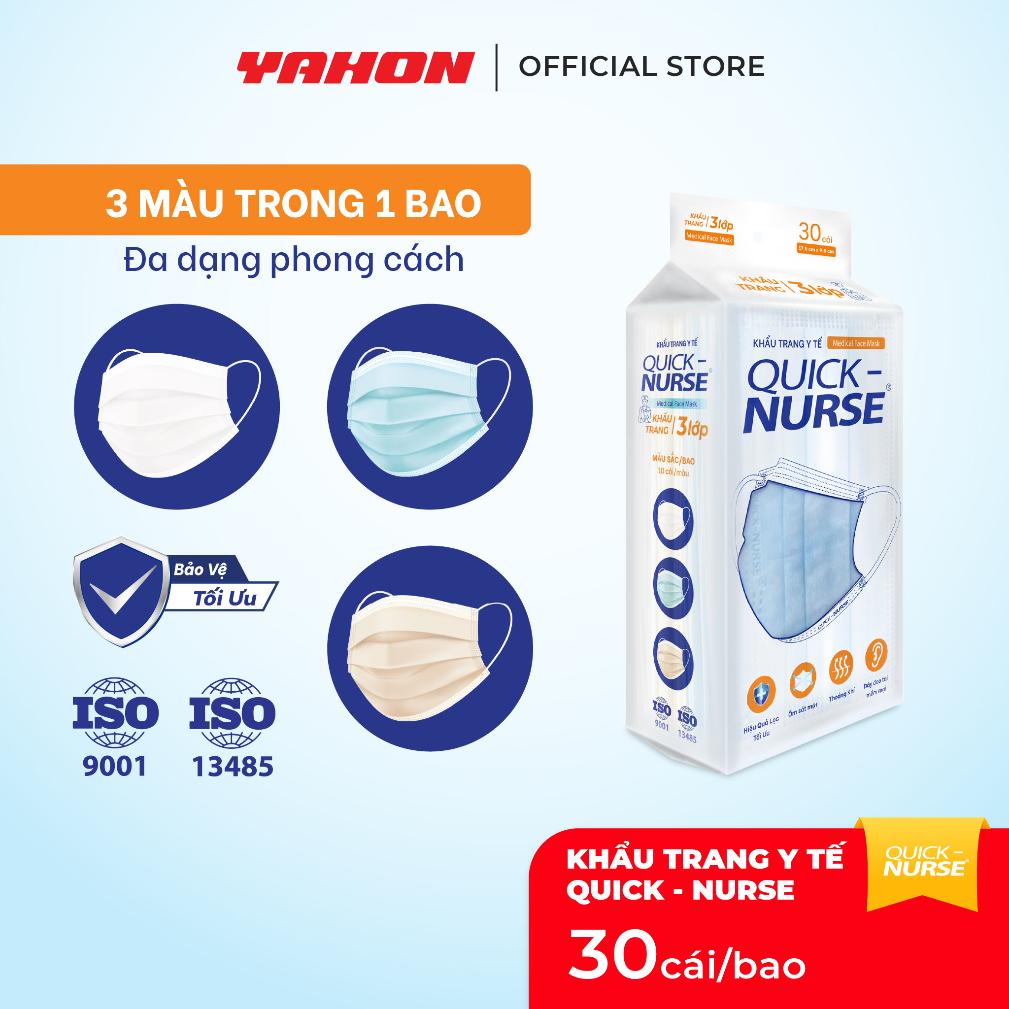 Khẩu Trang Quick Nurse Cao Cấp (Bao 30 Cái) - Mix 3 Màu Hot Trend: Trắng, Xanh, Trà Sữa (Mỗi Màu 10 Cái) - Ôm Sát, Thoáng Khí, Không Đau Tai