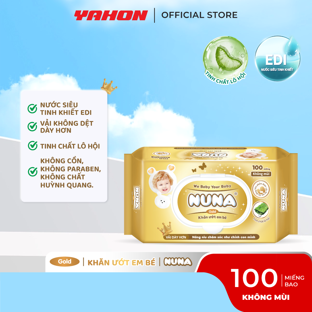 Khăn Ướt Em Bé NUNA Gold Không Mùi 100 Miếng | Siêu dày, Mềm Mịn, An Toàn Cho Da Nhạy Cảm